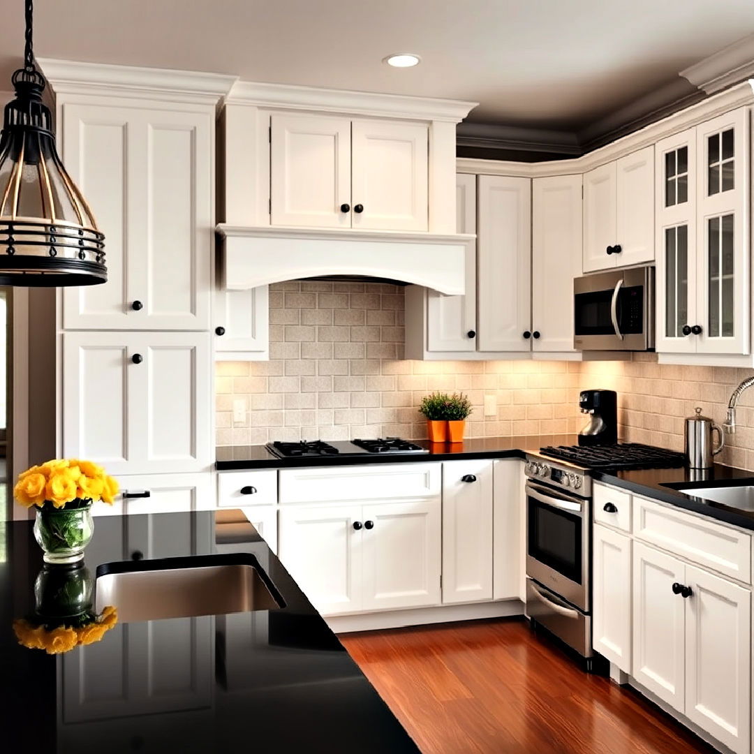 elegant black countertops with white shaker cabinets - 40 Black and White Kitchen Ideas