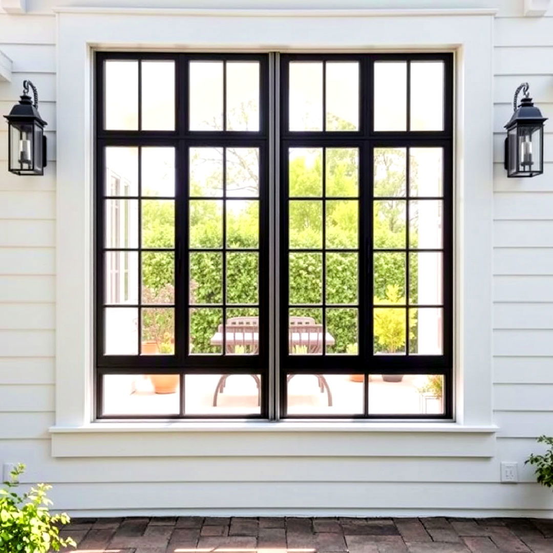 elegant black french windows for white farmhouse - 25 White Farmhouse With Black Windows Ideas
