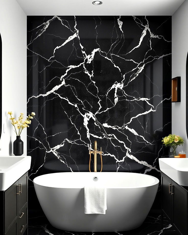 elegant black marble feature wall - 20 Black Marble Bathrooms