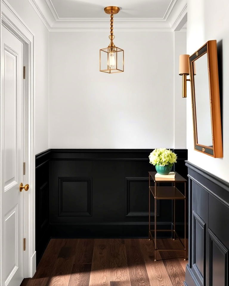 elegant black paneling with white upper walls - 20 Black and White Hallway Ideas