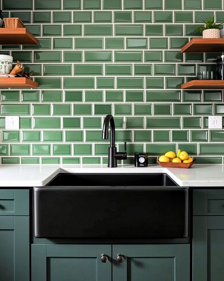 elegant black sink with green tile surround - 30 Black and Green Kitchen Ideas