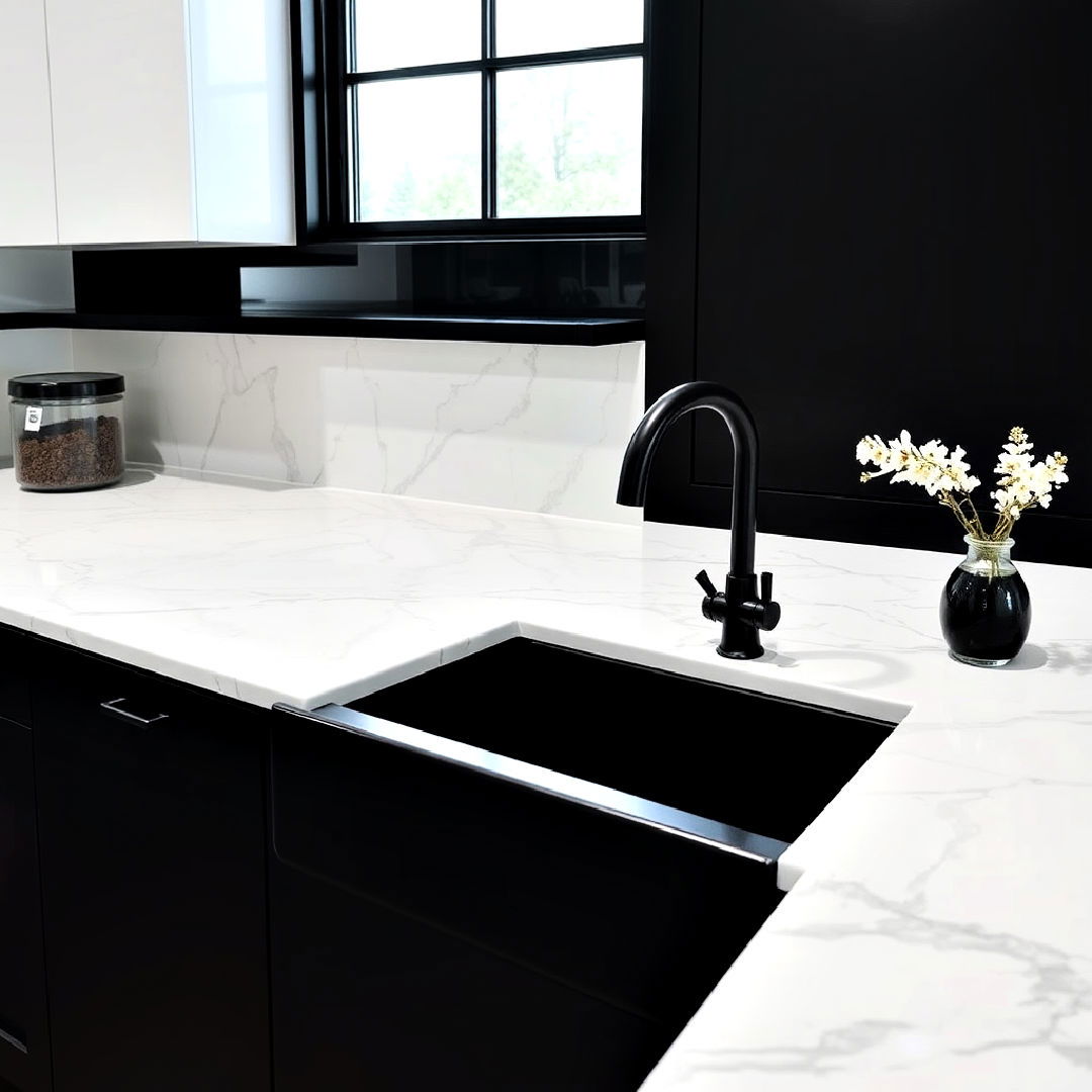 elegant black sink with white marble countertops - 40 Black and White Kitchen Ideas