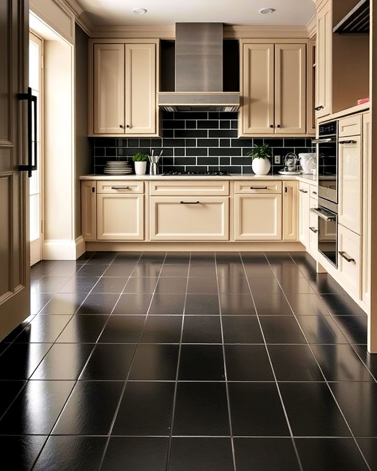 elegant black tile flooring with beige cabinets - 20 Black and Beige Kitchen Ideas