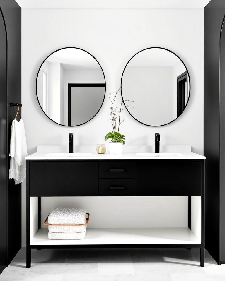 elegant black vanity with round mirrors - 20 Black Vanity Bathroom Ideas