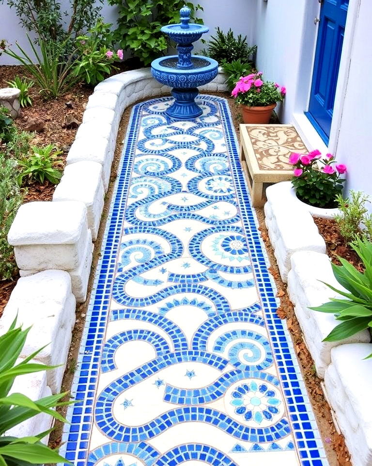 elegant blue and white mosaic pathway - 30 Greek Garden Ideas