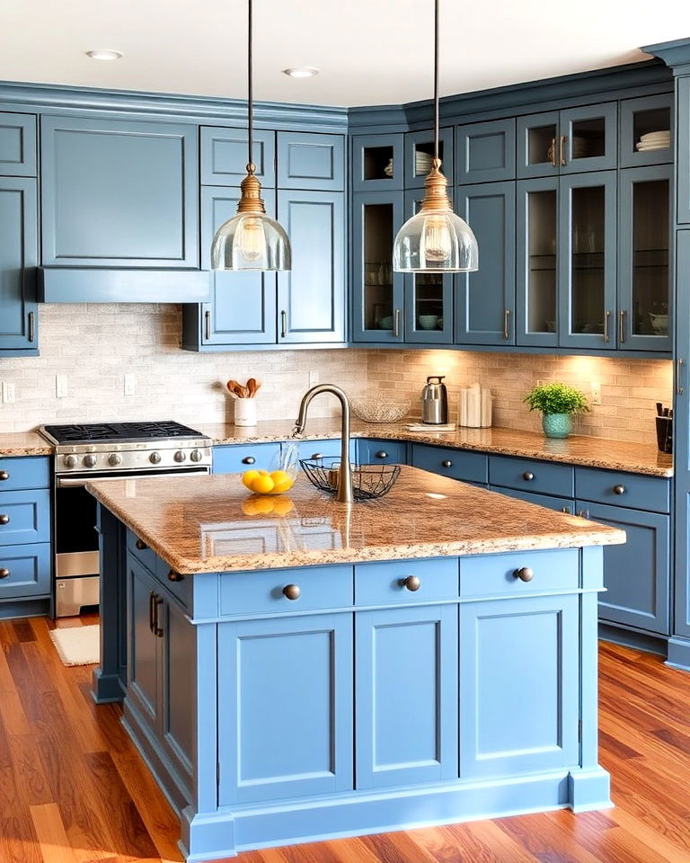 elegant blue cabinets with brown granite island - 20 Blue Kitchen Cabinets With Brown Granite Countertops