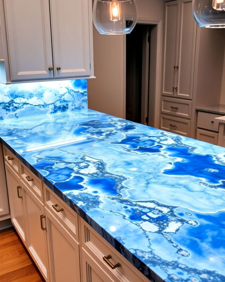 elegant blue onyx countertops with custom lighting - 20 Kitchens With Blue Countertops