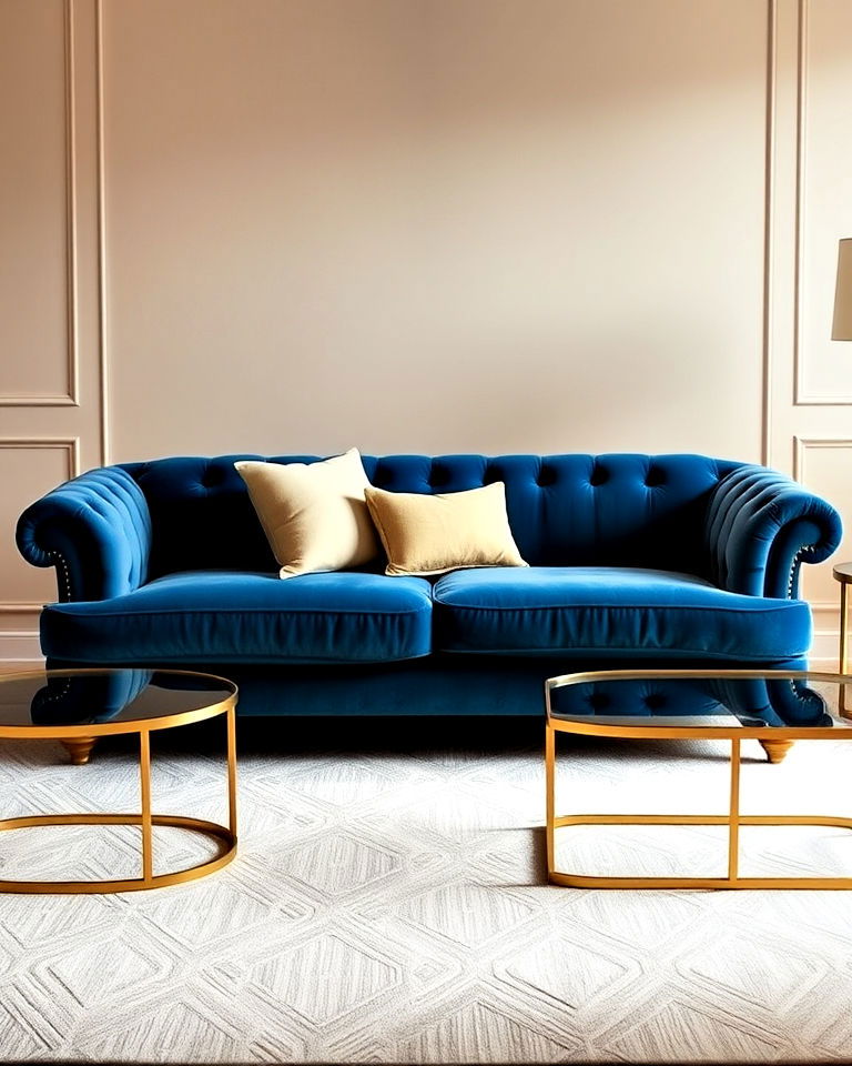 elegant blue velvet sofa for living room - 20 Blue and Beige Living Room Ideas