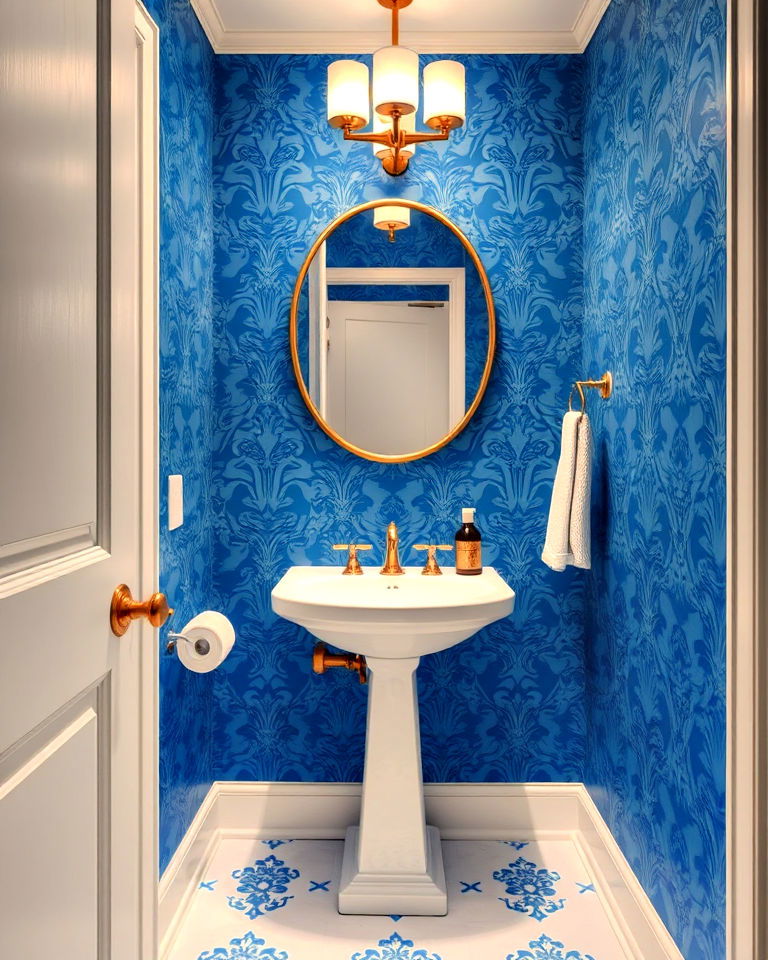 elegant blue wallpaper with white fixtures - 20 Blue Powder Room Ideas