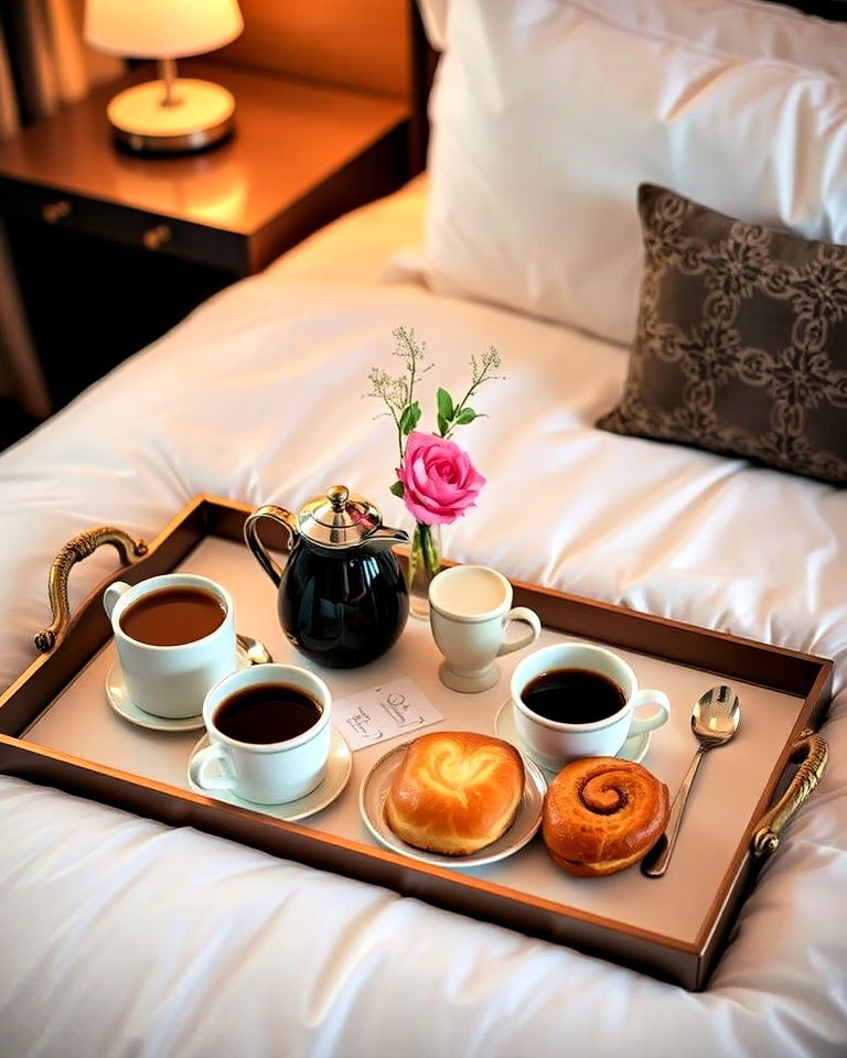 elegant breakfast tray in bed surprise - 30 Romantic Hotel Room Ideas