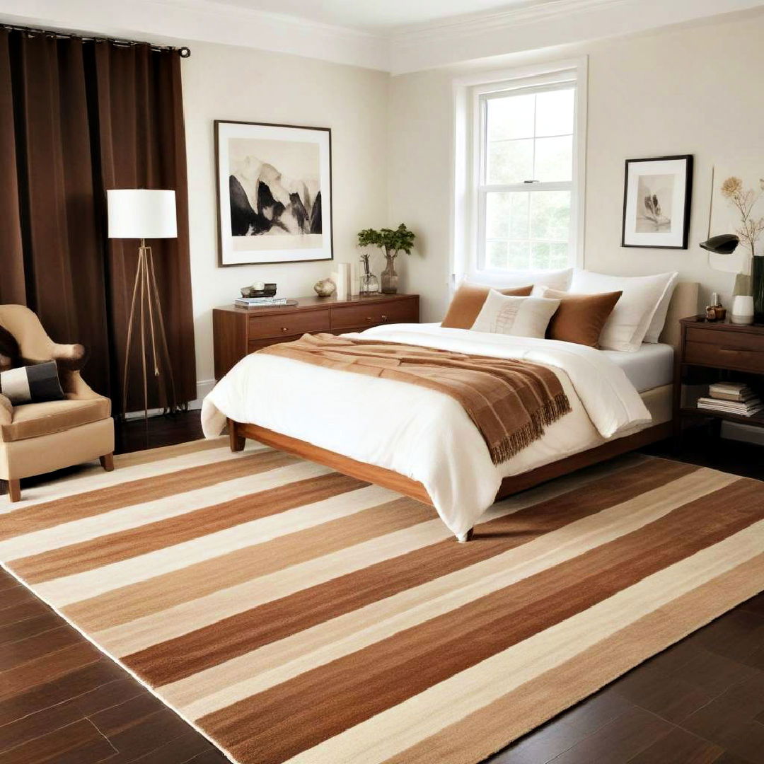 elegant brown and beige striped rug - 25 Brown Bedroom Ideas