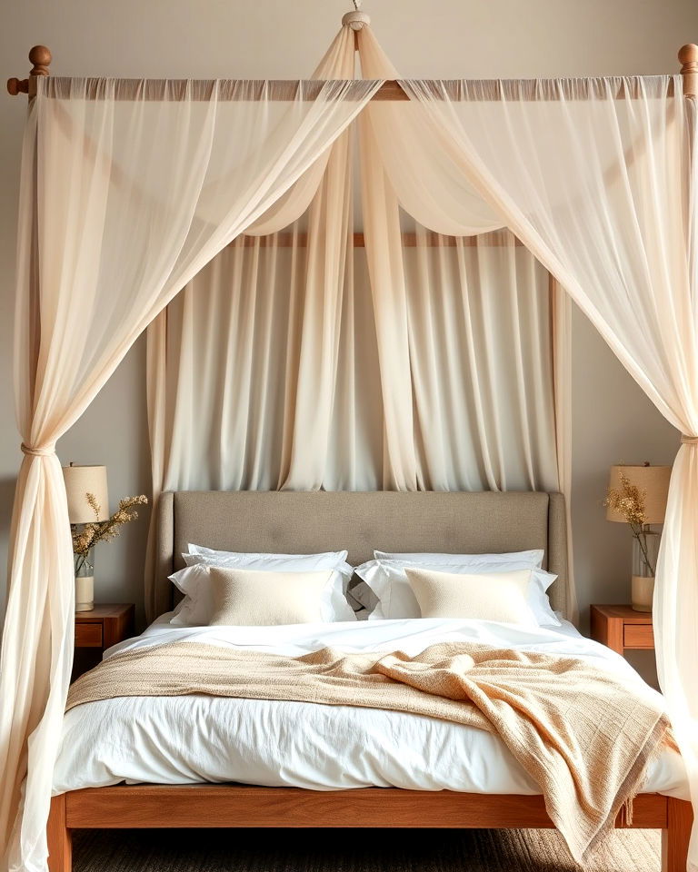 elegant canopy bed with draped fabric - 20 Bohemian Desert Decor Ideas