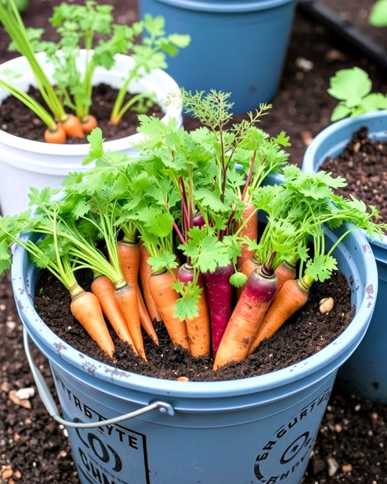 elegant carrot and root vegetable buckets - 20 Bucket Garden Ideas