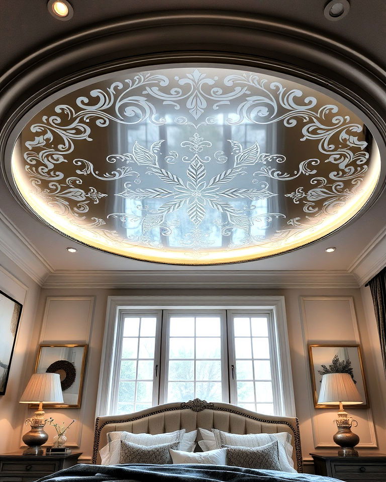 elegant ceiling mirror with decorative etching - 20 Mirror on Ceiling Above Bed Ideas