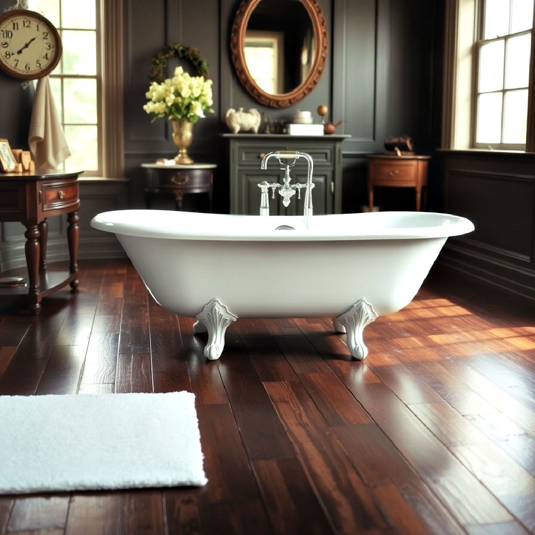elegant clawfoot tub - 25 Dark Wood Floor Bathroom Ideas