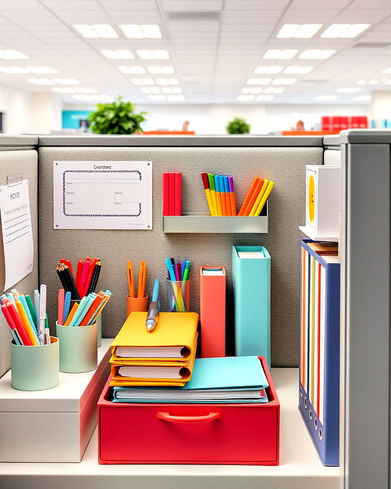 elegant color coordinated office supplies - 30 Cubicle Decor Ideas