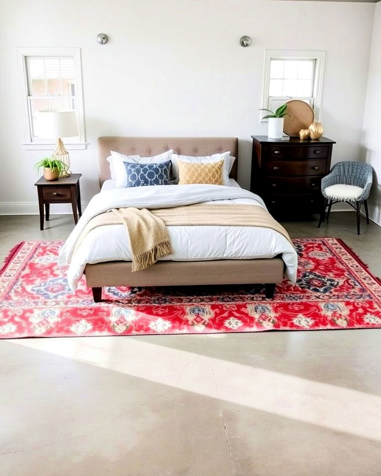 elegant concrete floor with area rug - 20 Concrete Floor Bedroom Ideas