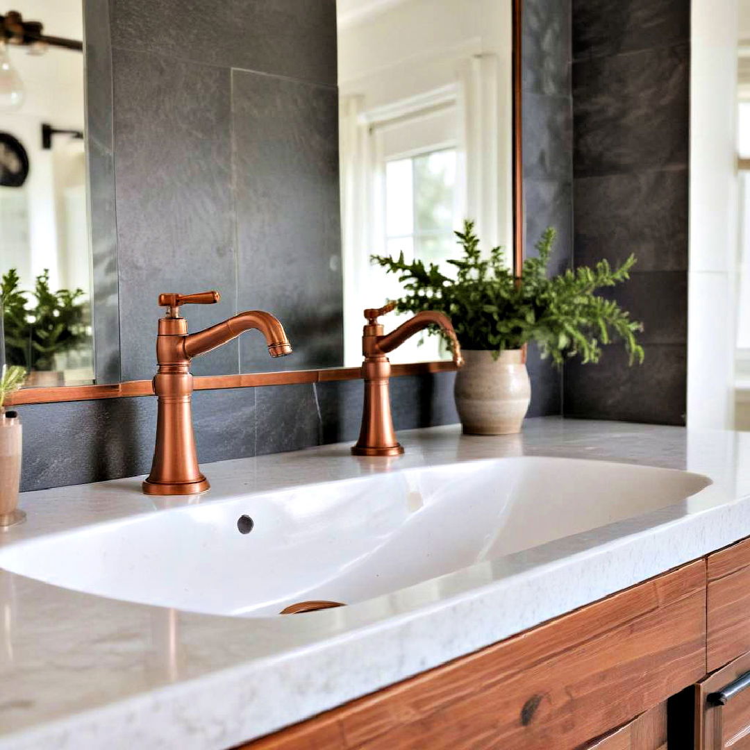 elegant copper faucets - 40 Farmhouse Bathroom Ideas