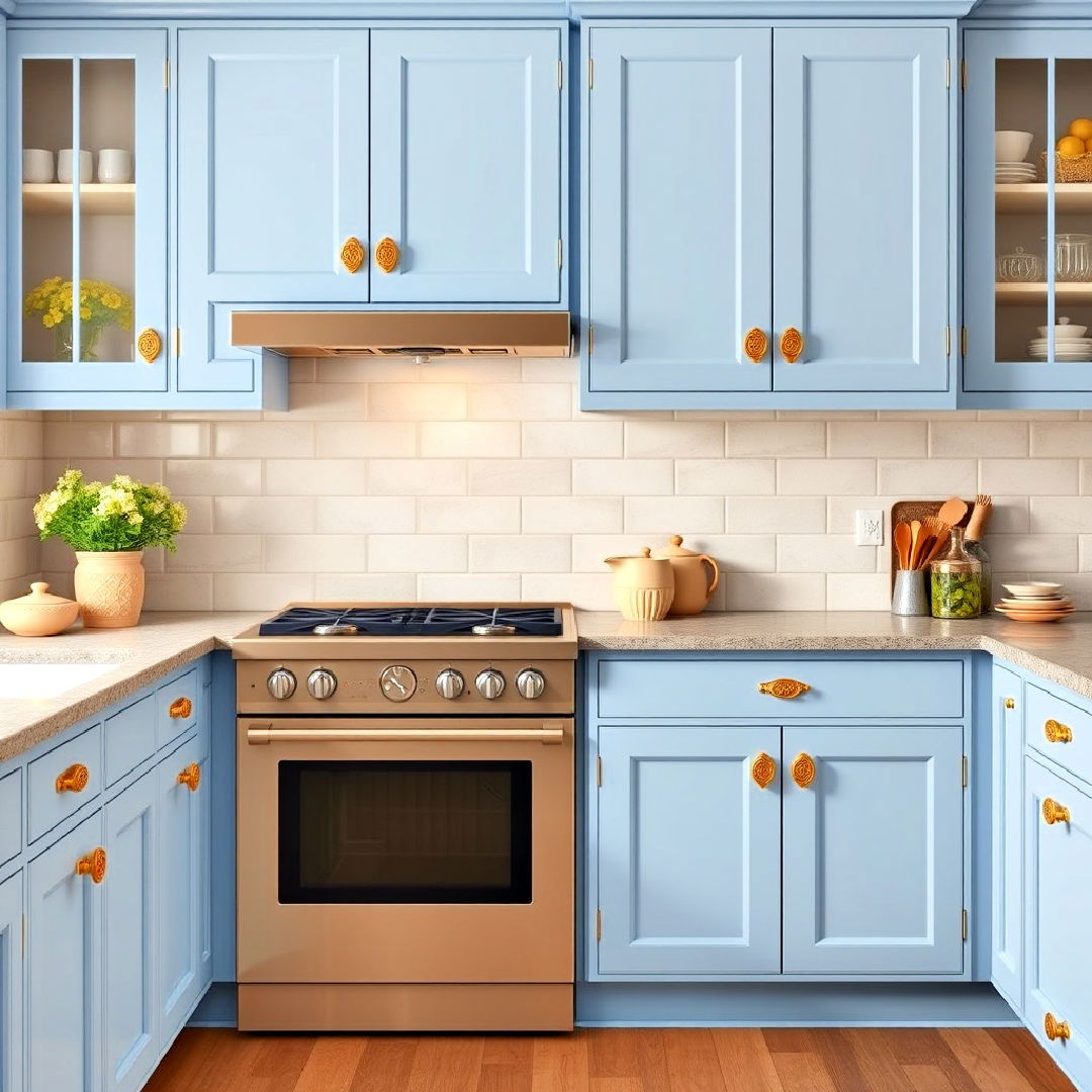elegant cornflower blue cabinets with art deco gold pulls - 30 Blue Kitchen Cabinets With Gold Hardware