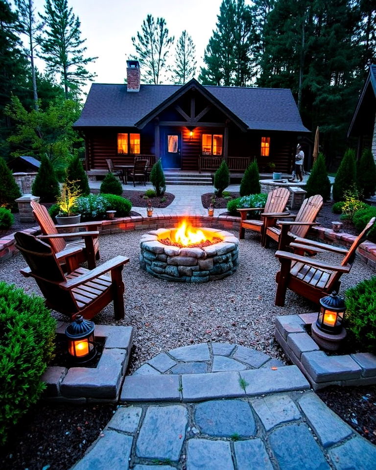 elegant cozy fire pit area - 25 Log Cabin Landscaping Ideas