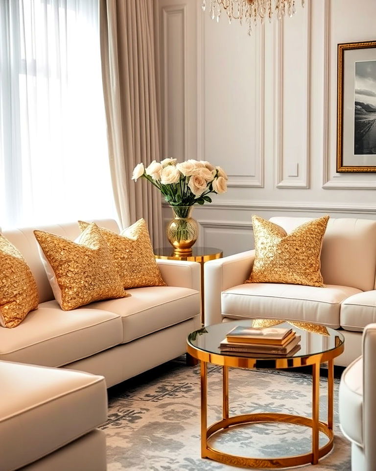 elegant cream cushions with gold sequins - 20 Cream and Gold Living Room Ideas