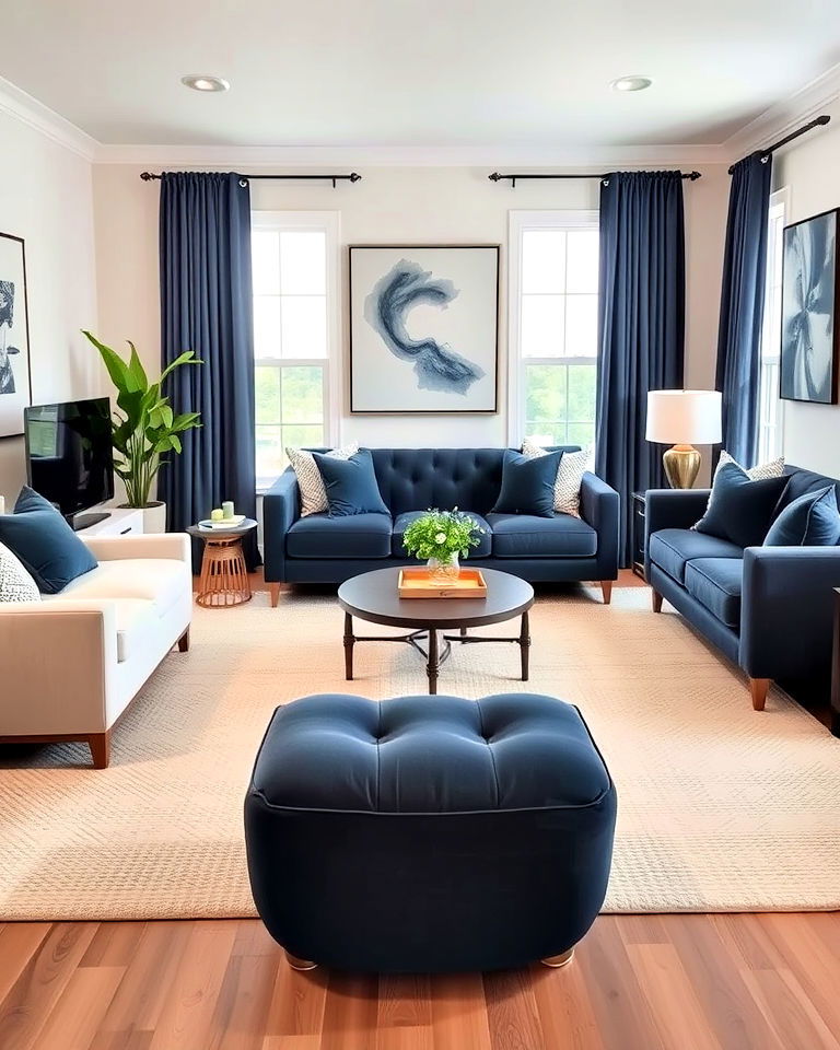 elegant cream rug with navy accents - 25 Navy and Cream Living Room Ideas