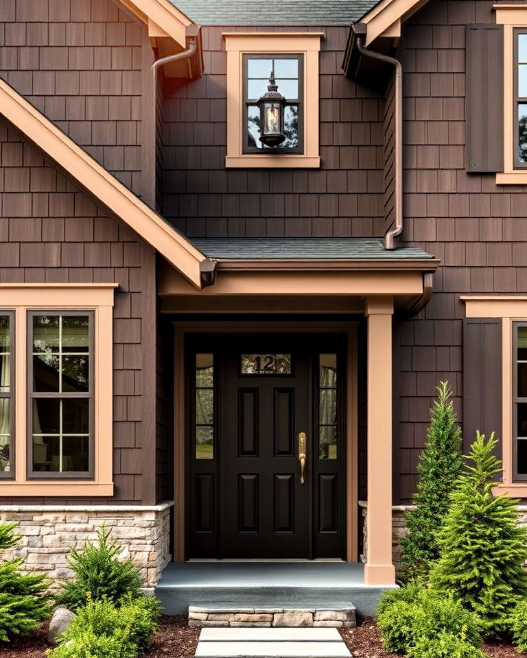 elegant dark brown siding with bronze fixtures - 25 Dark Brown House Exterior Ideas