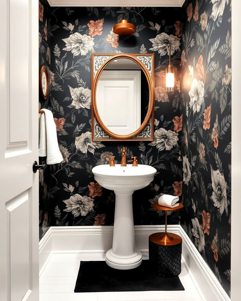 elegant dark floral wallpaper - 25 Black Powder Room Ideas