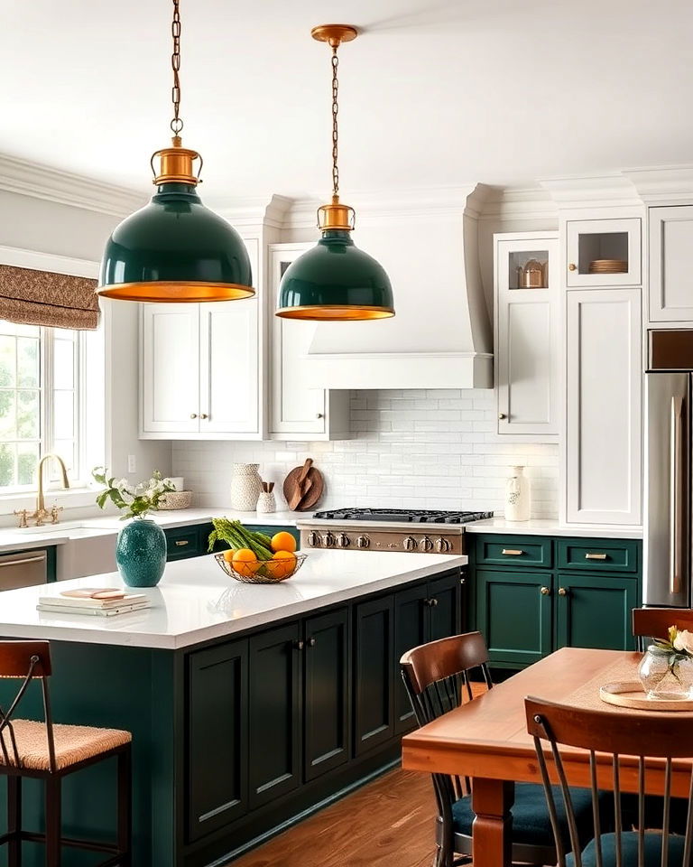 elegant dark green and brass pendant lights - 40 Dark Green Kitchen Ideas