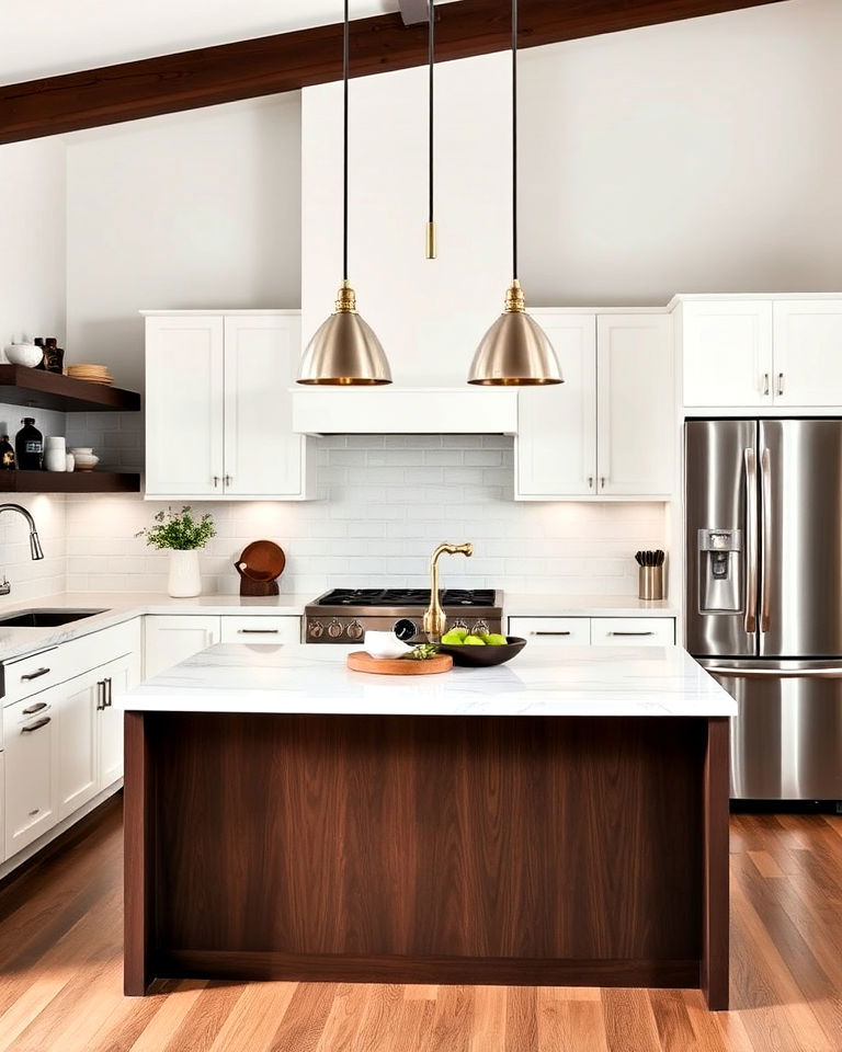 elegant dark wood accents - 25 White Kitchen with Stainless Steel Appliances Ideas