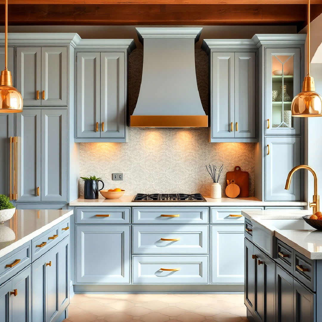 elegant dusty blue cabinets and satin gold accents - 30 Blue Kitchen Cabinets With Gold Hardware
