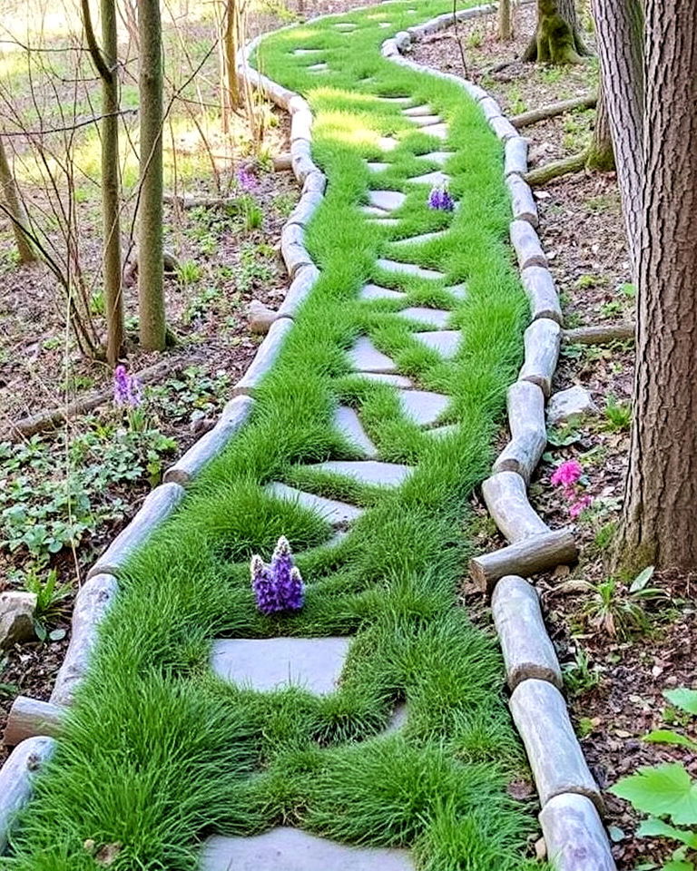 elegant edged grass trails - 20 Woodland Garden Path Ideas