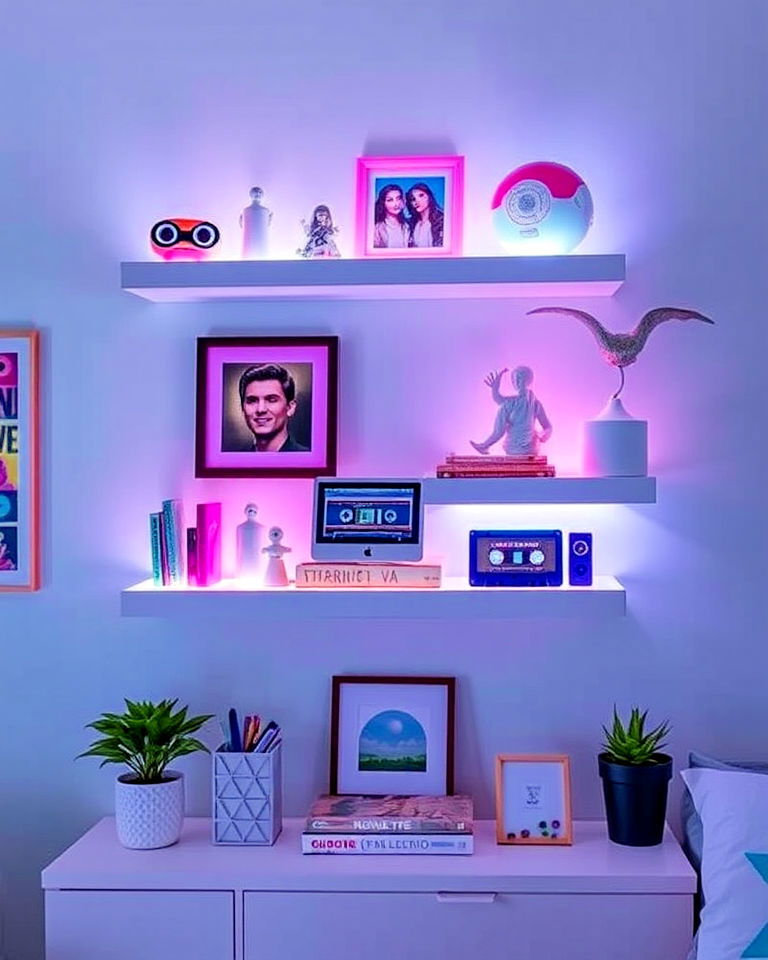 elegant floating shelves with retro decor - 20 Vaporwave Room Ideas