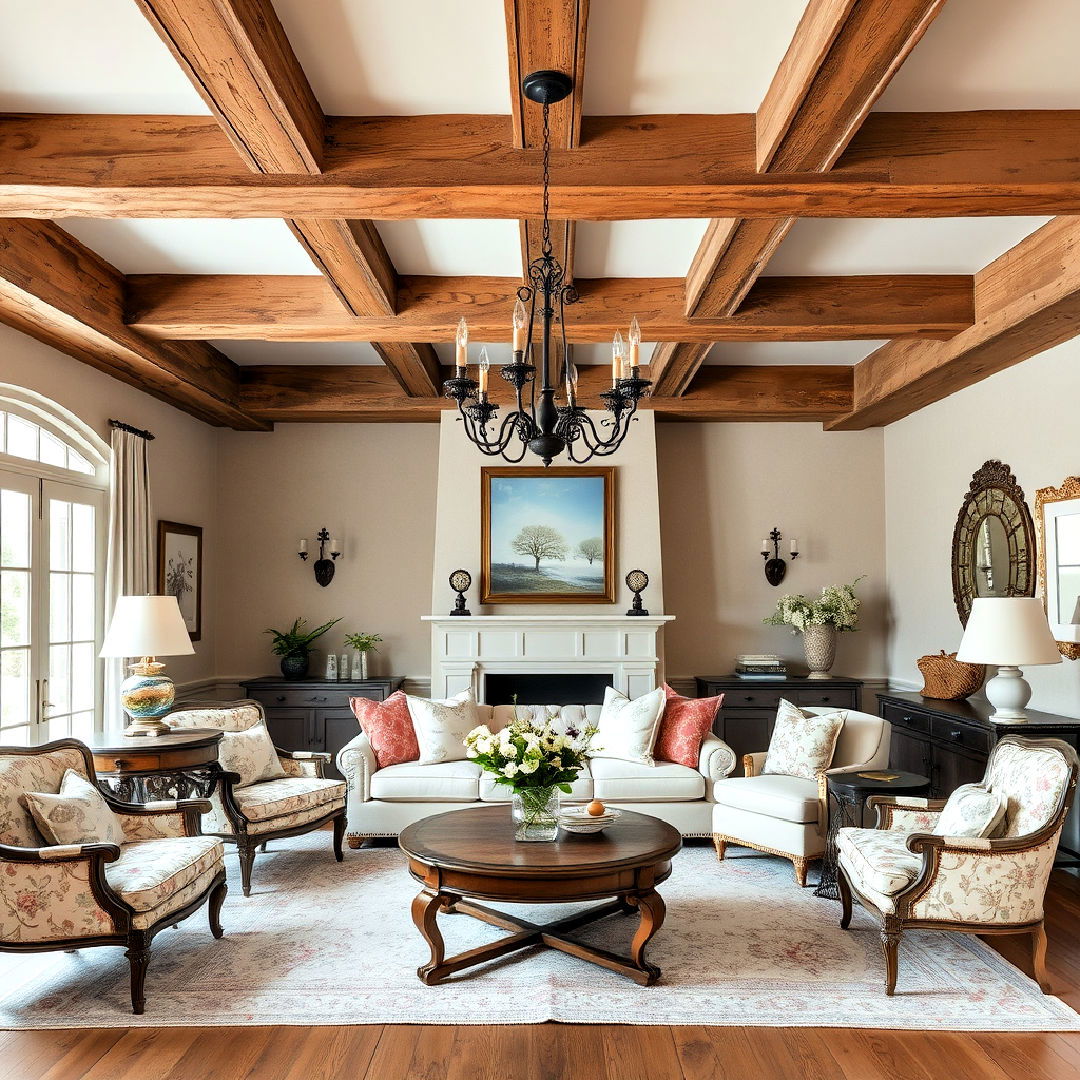 elegant french country exposed beams - 25 Exposed Beam Living Room Ideas