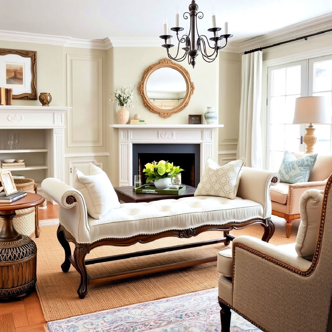 elegant french style upholstered bench - 40 French Country Living Room Ideas