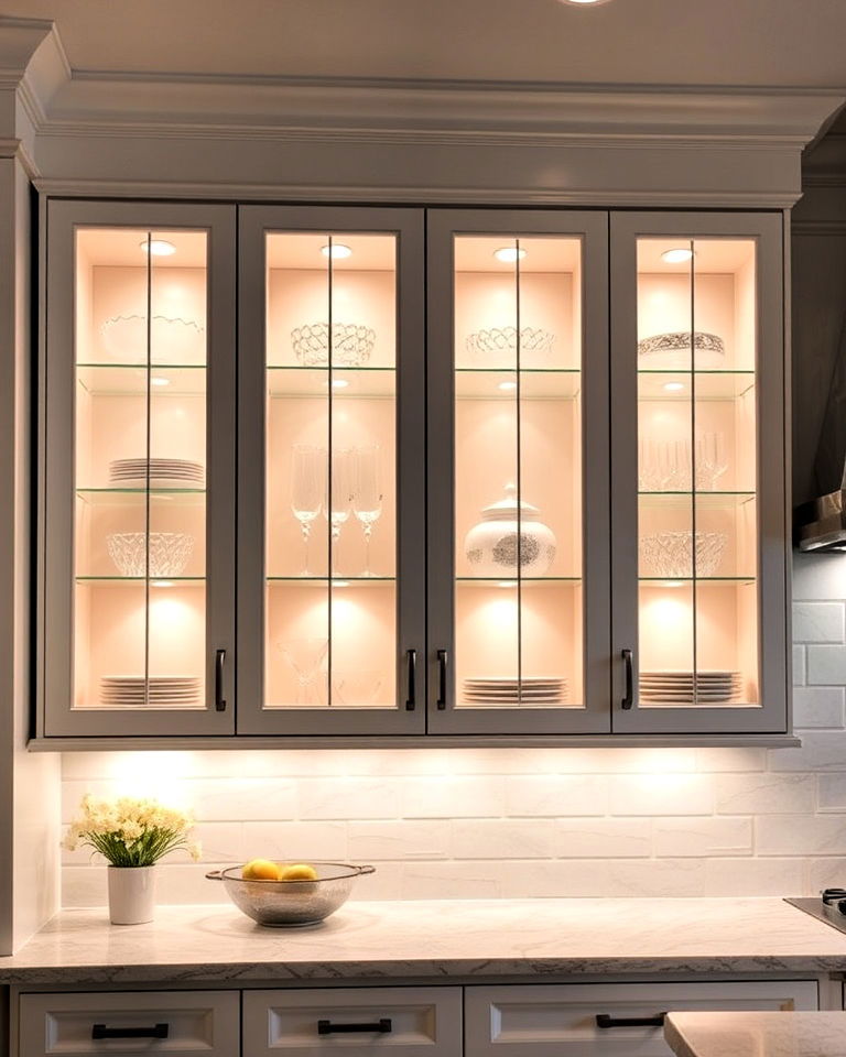 elegant glass cabinets with recessed lighting - 20 Modern Style Glass Kitchen Cabinets