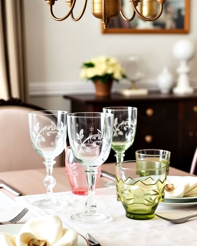 elegant glassware with vintage flair - 30 Cottagecore Dining Room Ideas
