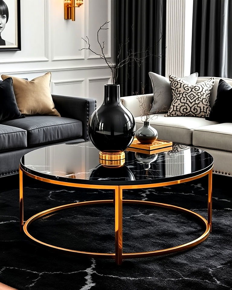 elegant gold coffee table with black marble top - 40 Black and Gold Living Room Ideas