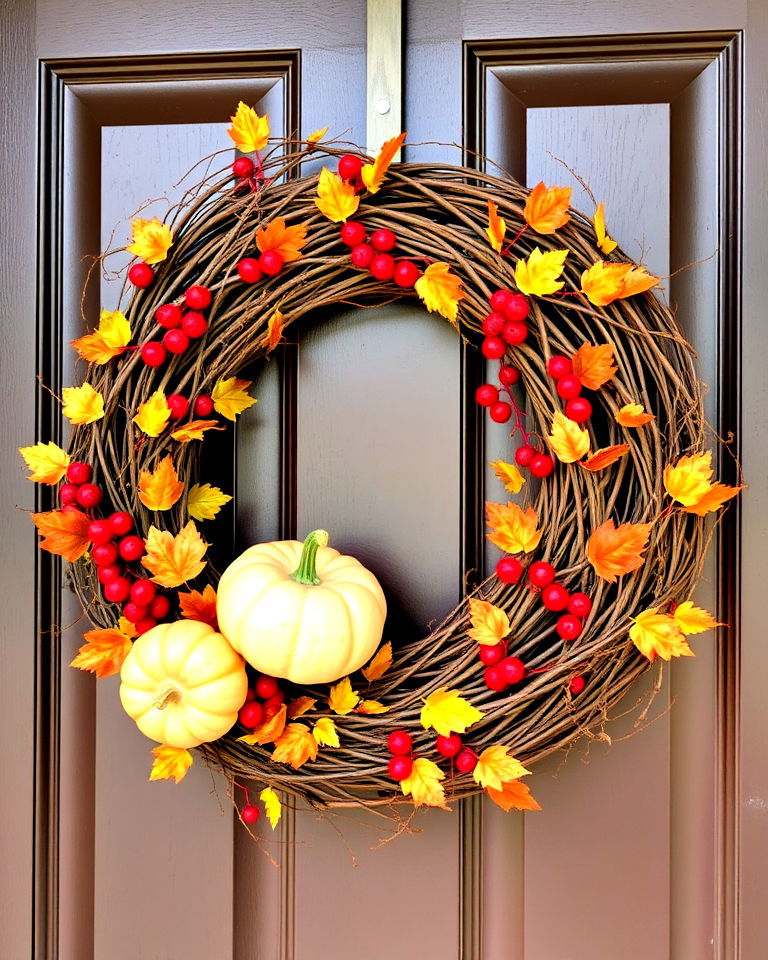 elegant grapevine wreath with fall accents - 30 Front Door Fall Decor Ideas