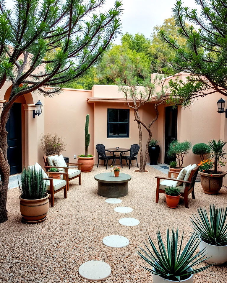 elegant gravel and stone courtyard - 30 Drought Tolerant Landscaping Ideas