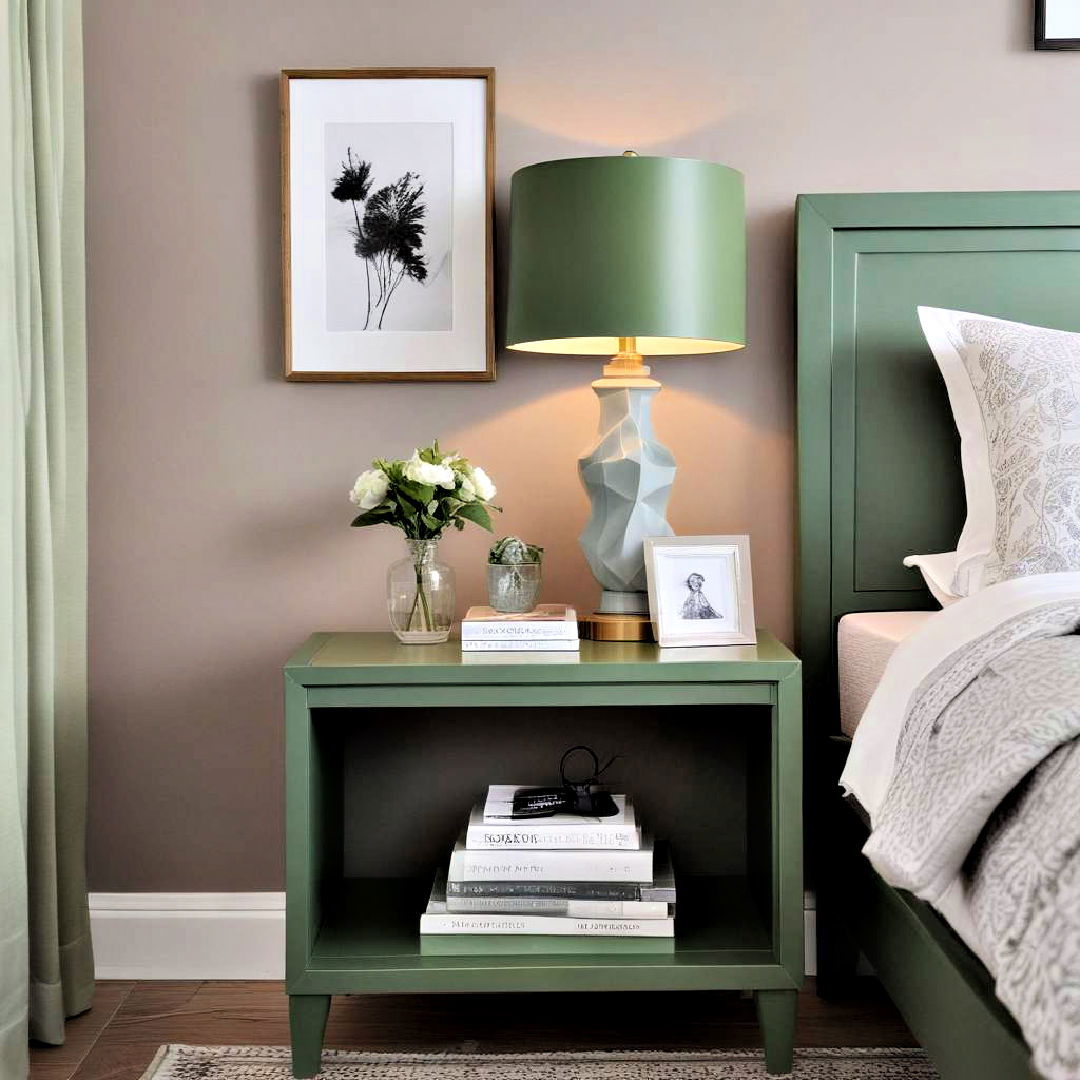 elegant green nightstand with grey lamp - 20 Green and Grey Bedroom Ideas
