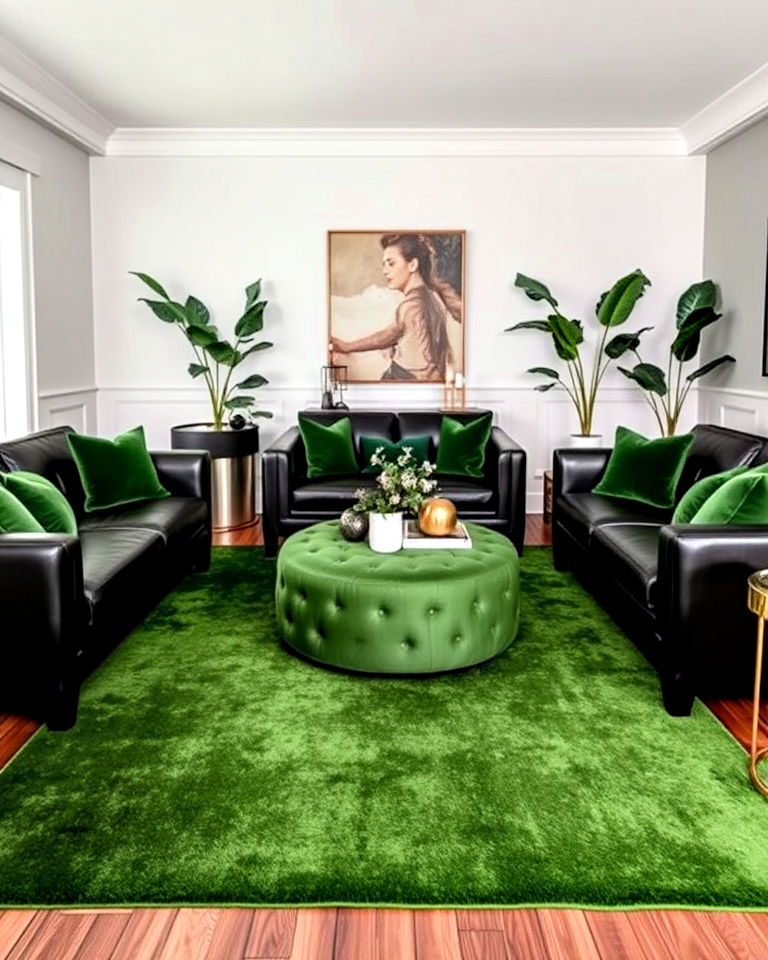 elegant green rug and black seating - 30 Black and Green Living Room Ideas