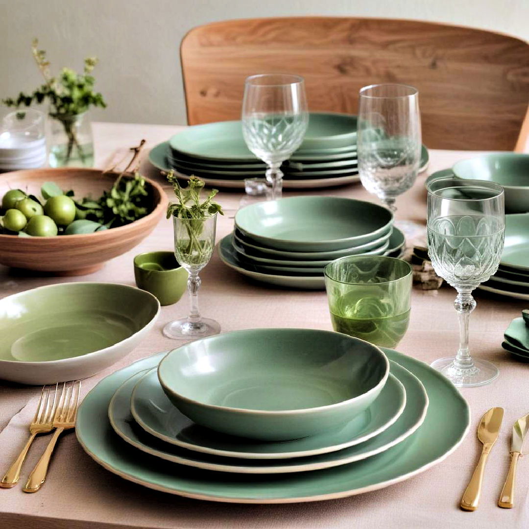 elegant green tone dinnerware - 40 Green Dining Room Ideas