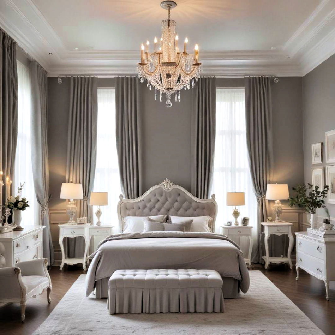 elegant grey drapes and white crown molding - 40 Grey and White Bedroom Ideas