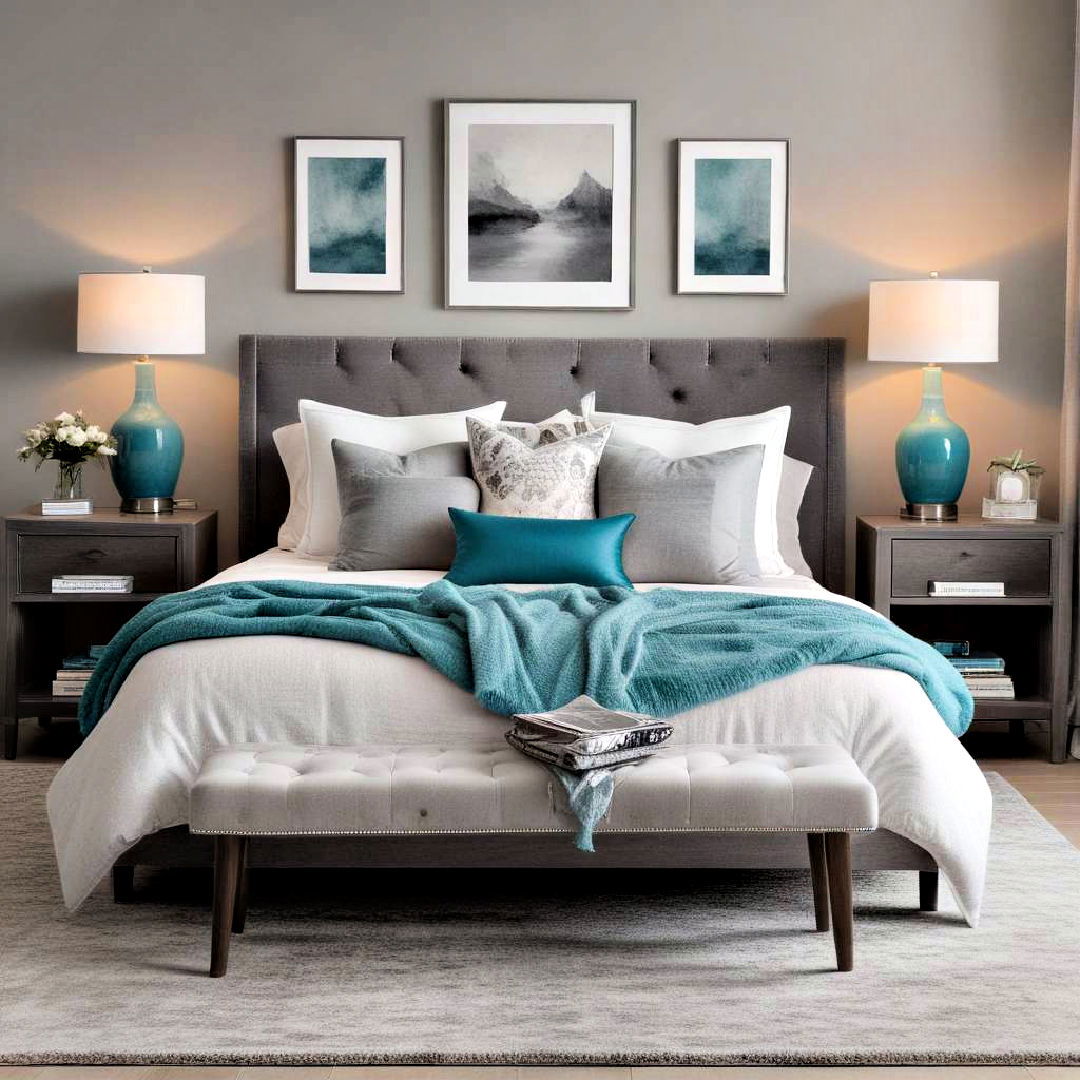 elegant grey furniture with teal accessories - 15 Teal and Grey Bedroom Ideas