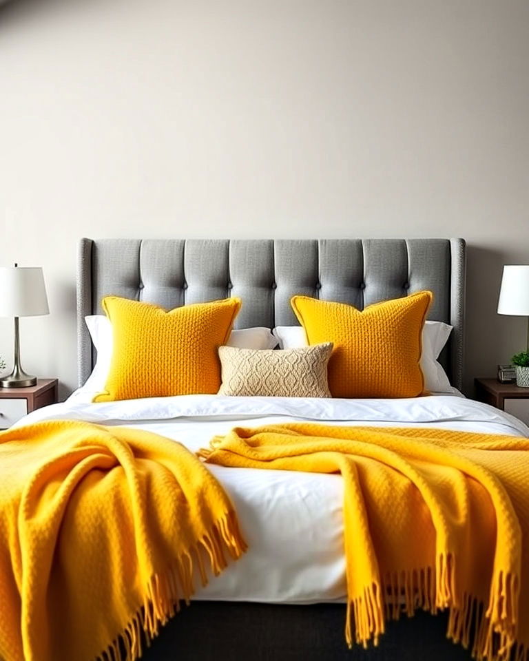 elegant grey headboard with yellow throws - 25 Yellow and Grey Bedroom Ideas
