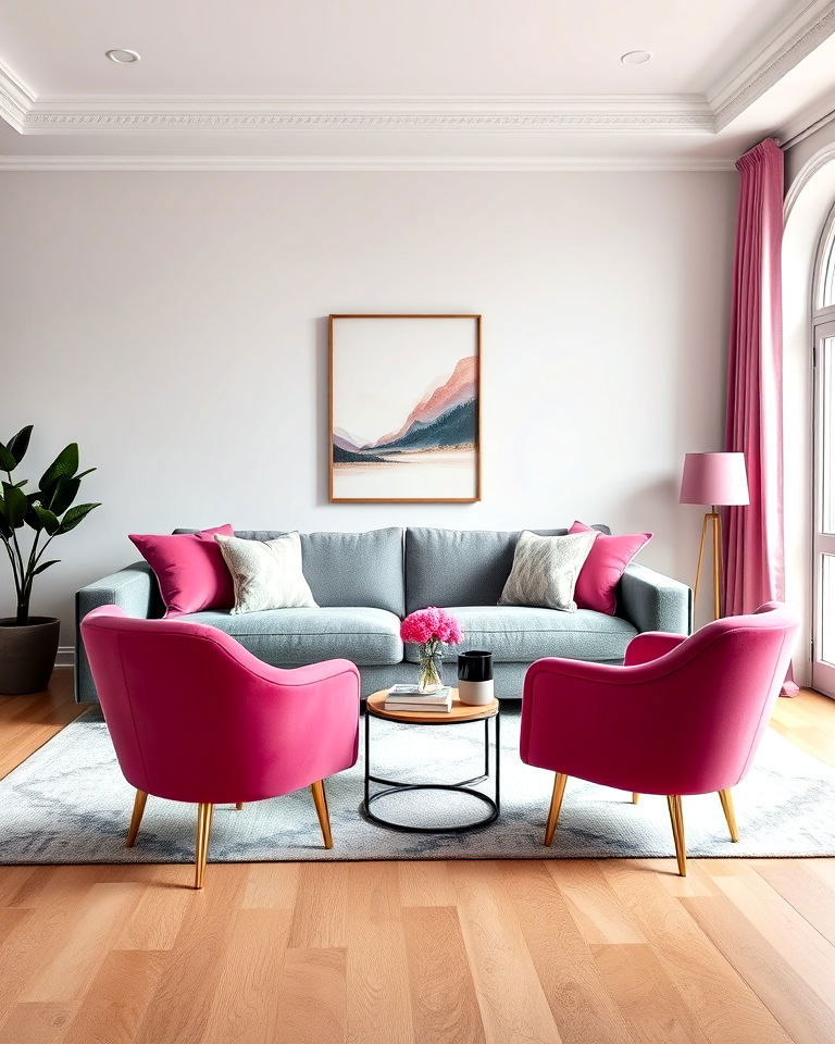 elegant grey sofa with pink accent chairs - 25 Pink and Grey Living Room Ideas