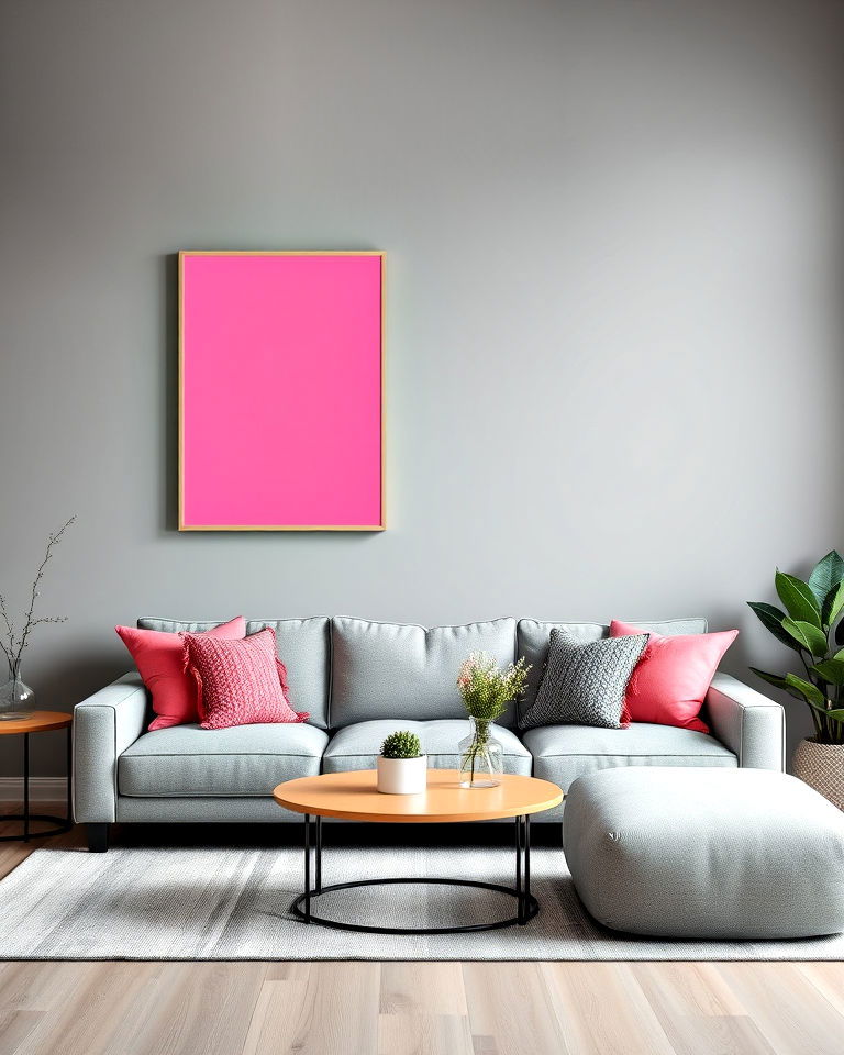 elegant grey walls with pink wall art - 25 Pink and Grey Living Room Ideas