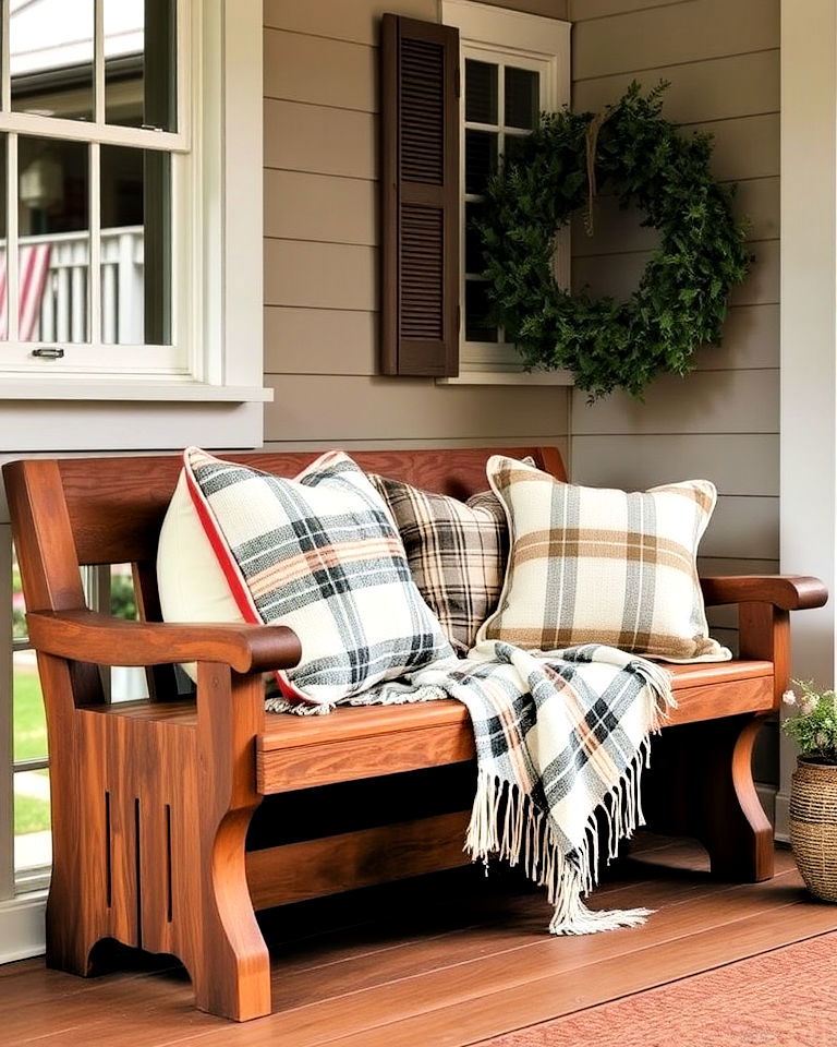 elegant handcrafted wooden bench - 30 Rustic Porch Ideas