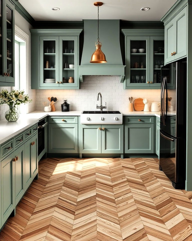 elegant herringbone pattern linoleum floor - 20 Linoleum Kitchen Flooring Ideas